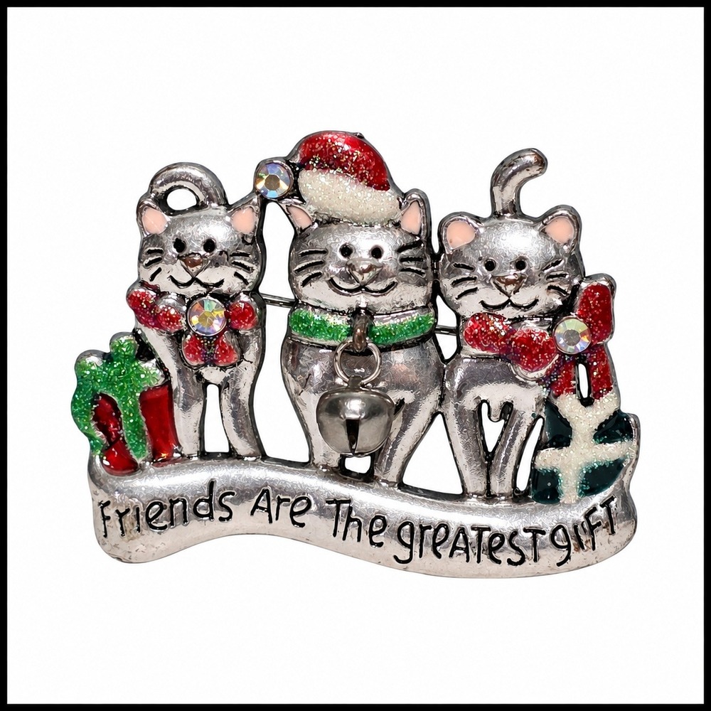 Christmas Cats Brooch Friends Are The Greatest Gift Silver Tone Glitter Pin